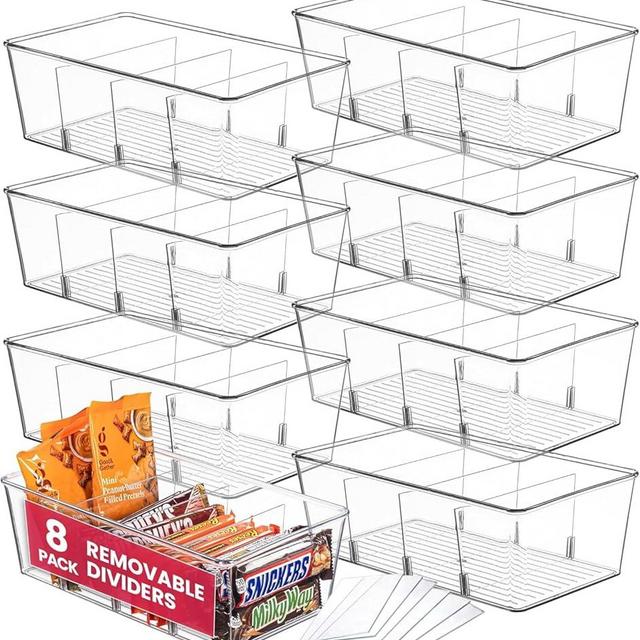 Oizeir Clear Pantry Organizer Bins 8-Pack - Fridge Organizer with 3 Removable Dividers, Ideal for Kitchen, Pantry, Refrigerator, Freezer, and Snack Storage