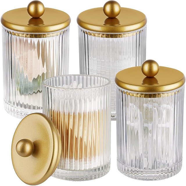 SheeChung 4-Pack Gold Ribbed Glass Qtip Holder - Apothecary Jars Bathroom Organizer Set with Lids - Vanity Storage Canisters for Cotton Balls, Pads, Swabs, Floss Picks - Modern Farmhouse