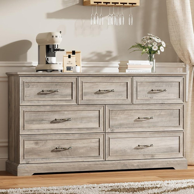 Thacuok Grey Dresser 7 Drawer Dresser for Bedroom, 57" W Wood Chest of Drawers, Rustic Farmhouse Style with Large Drawers & Metal Handles, Modern Storage Organizer for Living Room, Hallway