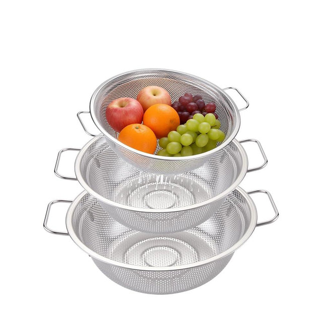 Lake Tian Colander Set of 3, Stainless Steel Micro-Perforated Colanders Strainers for Draining Rinsing Washing, Ideal for Pasta Vegetables Fruits, Heavy Duty & Dishwasher Safe