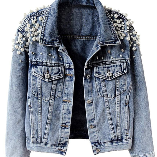 Kedera Women's Jean Jacket Embroidered Rivet Pearl Short Denim Jacket Coat