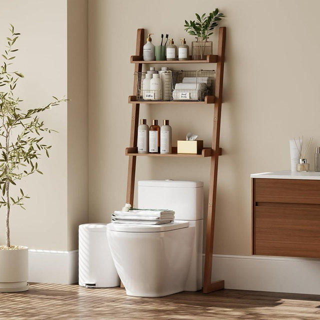 YQJJGL Over The Toilet Storage Shelf Wood, 3-Tier Above Toilet Organizer Rack, Freestanding Above Toilet Shelf for Bathroom, Laundry, Space Saver, Walnut Color.
