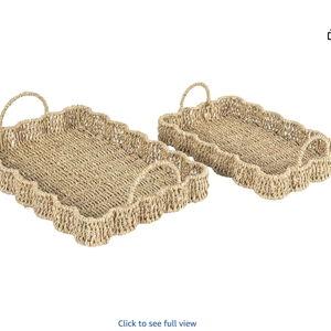 Household Essentials Woven Seagrass Scalloped Rectangular Trays, Set of 2, Natural