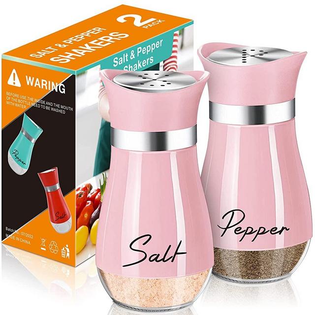 Salt and Pepper Shakers Set,4 oz Glass Bottom Salt Pepper Shaker with Stainless Steel Lid for Kitchen Cooking Table, RV, Camp,BBQ Refillable Design (Pink)