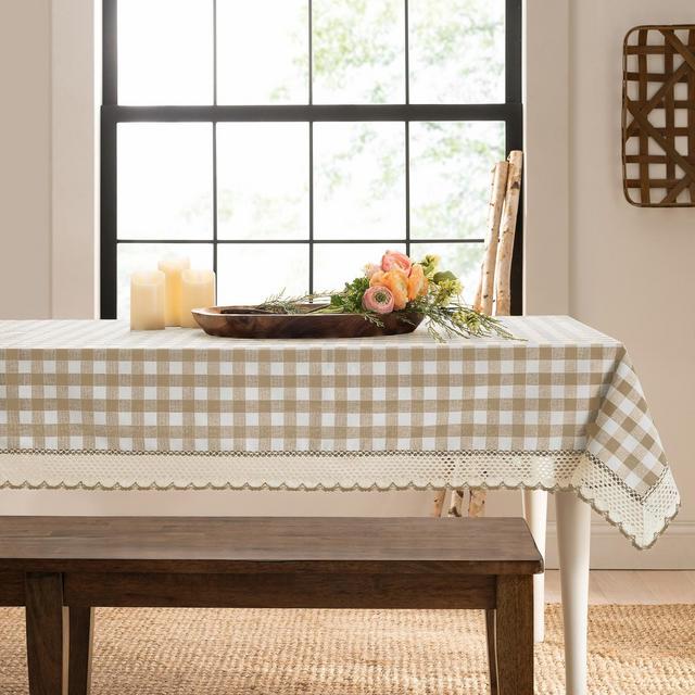Kate Aurora Country Farmhouse Plaid Buffalo Check Stain & Spill Proof Fabric Tablecloths - 60in. X 120in. , Linen