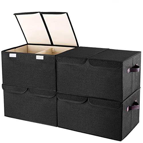 senbowe Larger Storage Cubes [4-Pack] Linen Fabric Foldable Collapsible Storage Cube Bin Organizer Basket with Lid, Handles, Removable Divider for Home, Nursery, Closet - (17.7 x 11.8 x 9.8”)