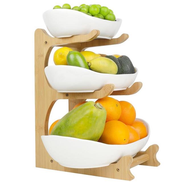 SEVEN SPARTA 3 Tier Fruit Basket (PLUS Series) Ceramic Large Fruit Bowl with Bamboo Stand for Kitchen Counter - Easy Install, Dishwasher safe, Tiered Fruit storage for Countertop, Party, Buffet