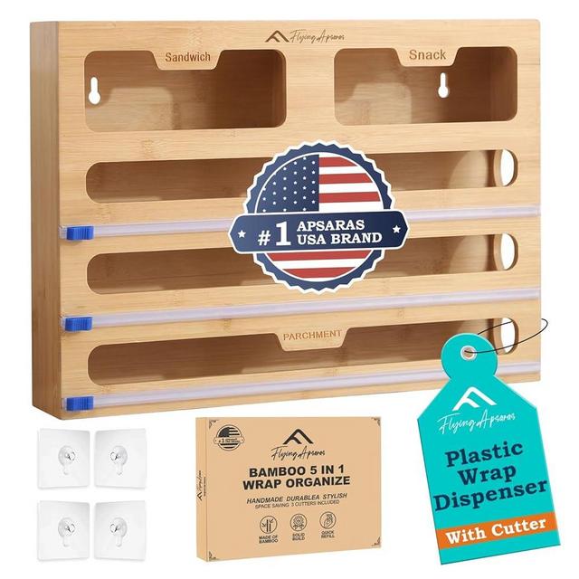 APSARAS USA 5 in 1 Bamboo Foil and Plastic Wrap Organizer for Kitchen Drawer, Ziplock Bag Organizer, Saran Wrap Dispenser with Cutter, Plastic Bag Organizer, Food Storage Bag Organization