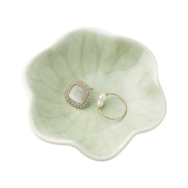 Ceramic Trinket Dish, Ring Tray, Decorative Jewelry Dish for Earrings Necklaces Watch Keys, Christmas Birthday Morher's Day Gift for Women (green leaf)