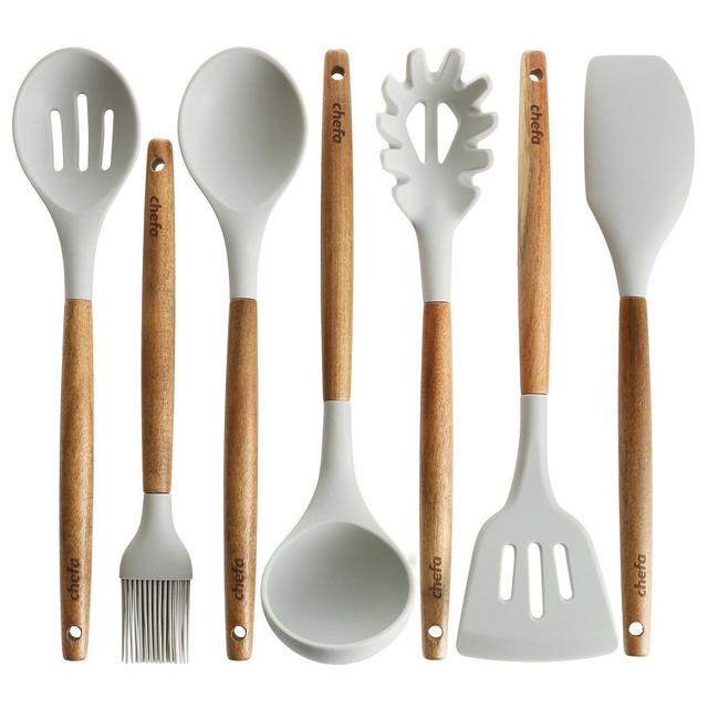 Silicone Cooking Utensils | Wooden Handle, Non-Stick Cookware Heat Resistant Kitchen Utensil Spatula, Slotted Solid Spoon, Soup Ladle, Slotted Turner and Spaghetti Server,| Acacia Wood, GRAY