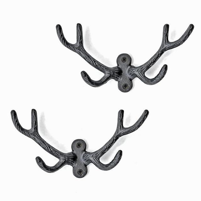 Ambipolar 2-Pack Deer Antlers Style Coat Hooks, Vintage Black Finish Hooks for Coats, Hats, and More, Sturdy Cast Iron Construction, Rustic Farmhouse Theme, Easy Installation Versatile and Durable