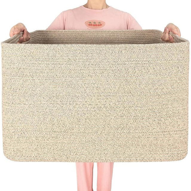 MINTWOOD Design 112L Extra Large Blanket Basket Holder Living Room, 25"x17"x16" Rectangle Rope Woven Storage Basket with Handles for Laundry, Towels, Shoes, Dog Toy Organizer Bin Box, Oatmeal Brown