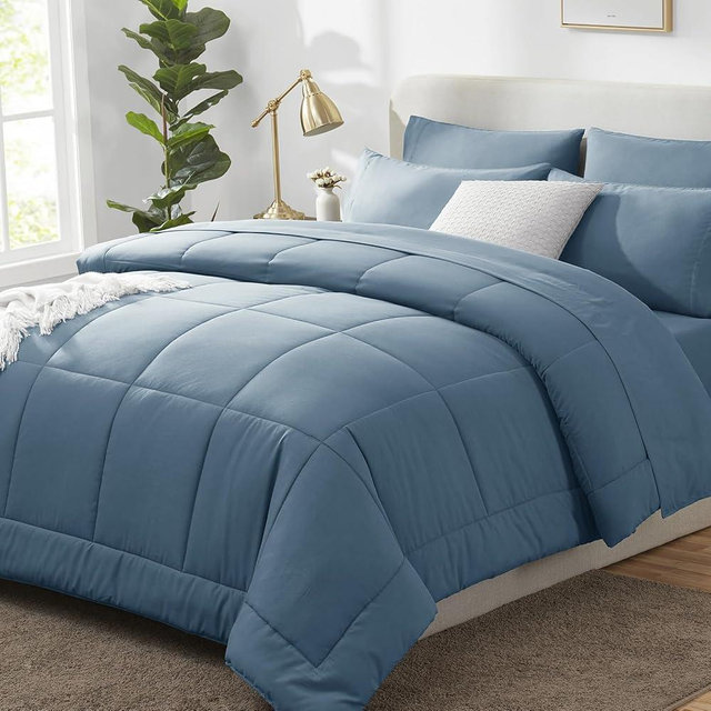 CozyLux Queen Comforter Set Mineral Blue, 7 Pieces Bed in a Bag, Blue Comforter Queen Size, All Season Bedding Sets with Stitch Quilted Comforter, Flat Sheet, Fitted Sheet, Pillowcases