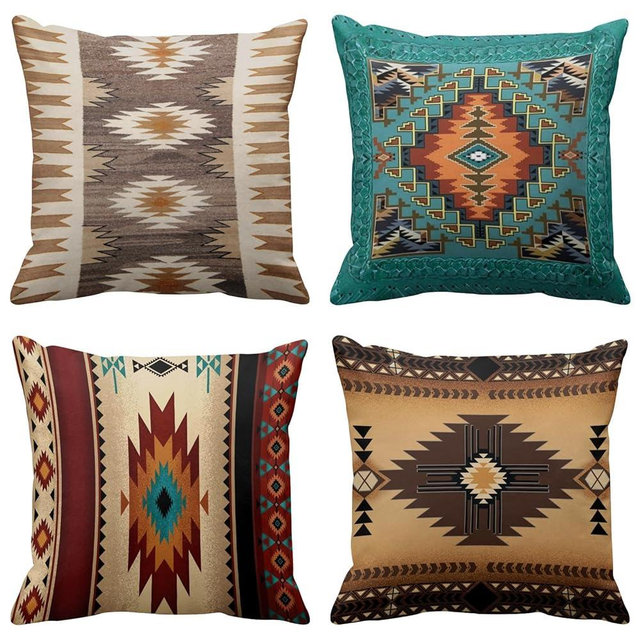 Emvency Set of 4 Throw Pillow Covers Tribal Western Geometric Colorful Nature Color Patterns Turquoise Orange Decorative Pillow Cases Home Decor Square 22x22 Inches Pillowcases