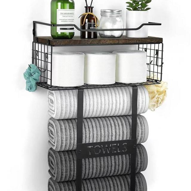 Towel Racks for Bathroom Wall Mounted - Bath Wall Towel Holder Set Above Toilet Storage, Rolled Towel Shelf Organizer for Small Bathroom Rustic Brown, Wood Vertical Towel Rack for Bathroom Wall Decor