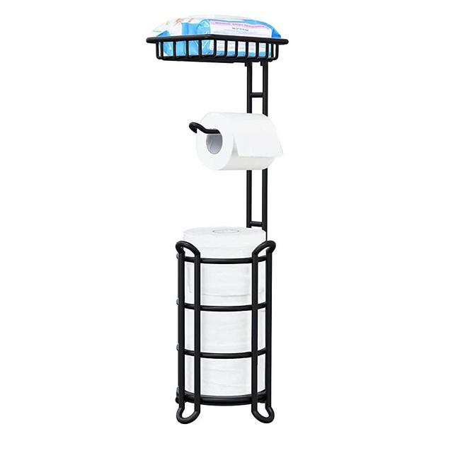 TreeLen Toilet Paper Holder Stand Tissue Paper Roll Dispenser with Shelf for Bathroom Storage Holds Reserve Mega Rolls-Matte Black
