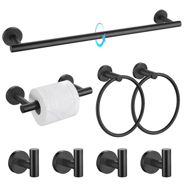 TQKAG 8-Pieces Bathroom Hardware Set Matte Black SUS304 Stainless Steel Bath Towel Bar Set 23.6 Inch Round Bathroom Accessories Kit Wall Mounted
