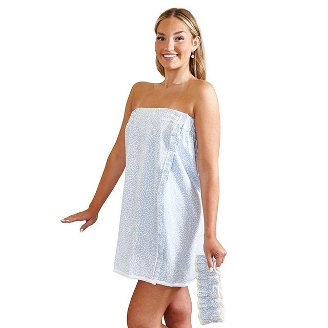 Belle Il Fiore Spa Wrap and Headband Set Ultra Soft Cotton Spa Gift Set, One Size Fits Most, Blue Zinnia