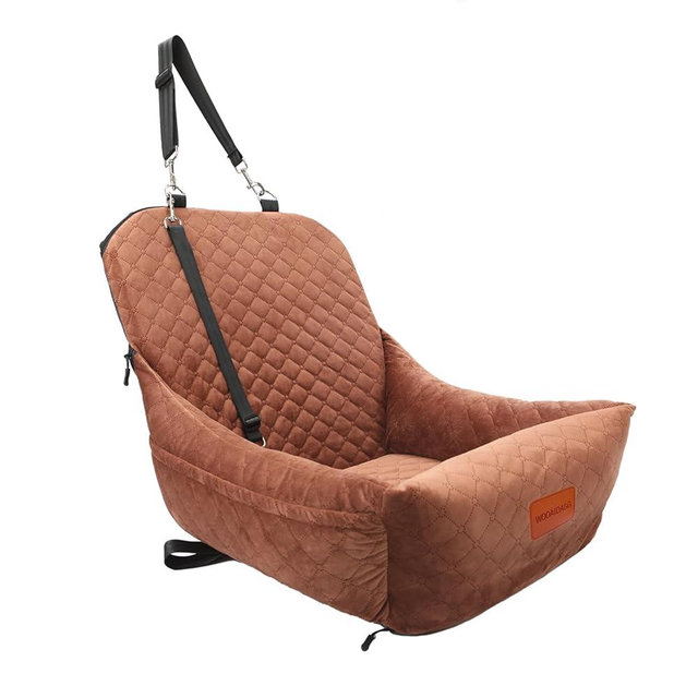 Wooaidagg Dog Car Seat for Small Dogs,Covered Soft Fabric and Fill in Memory Foam,Easy to Assemble and Fully Detachable,2 Clip-On Safety Leashes and Storage Pockets(Brown)