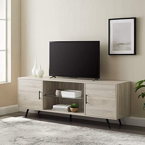 Walker Edison Englewood Mid Century Modern 2 Door Glass Shelf TV Stand for TVs up to 80 Inches, 70 Inch, Birch