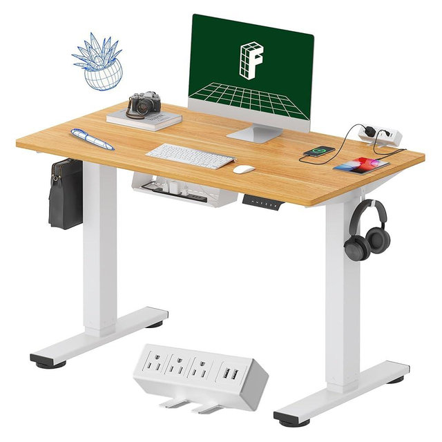 FLEXISPOT EN2 Whole-Piece Standing Desk with Clamp Power Strip, 40 x 24 Electric Stand Up Height Adjustable Desk with Cable Management (White Frame + 40" Maple Top)