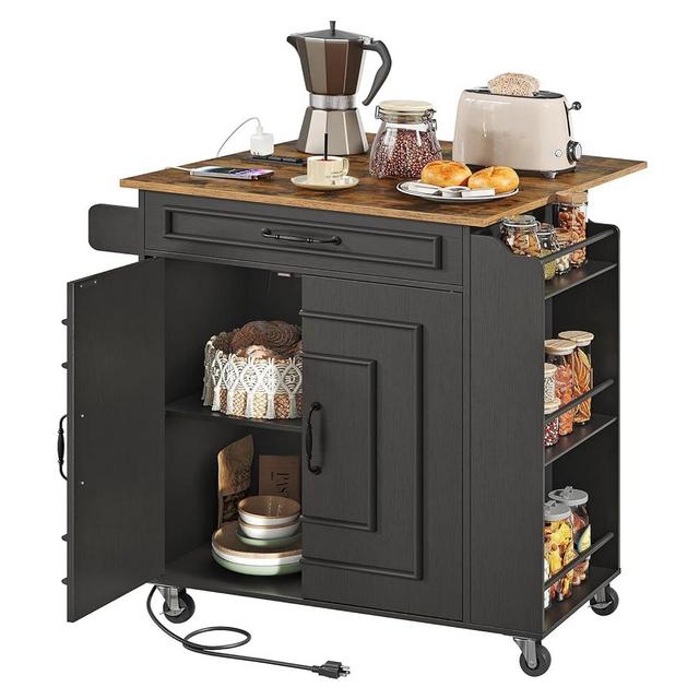 RALGEND Kitchen Island with Power Outlets & Drop Leaf, Rolling Kitchen Cart on Wheels, Kitchen Storage Island with Spice Rack and Drawer for Kitchen, Dinning Room, Black and Rustic Brown
