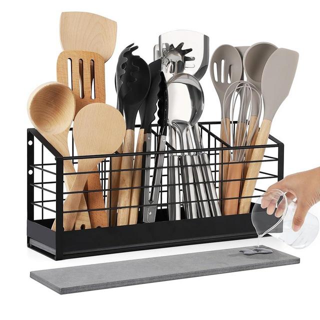 DTONIMA Large Utensil Holder for Kitchen Counter:Kitchen Cooking Utensil Holder Organizer with Diatomaceous Earth Base Matte Black (4 Compartments)