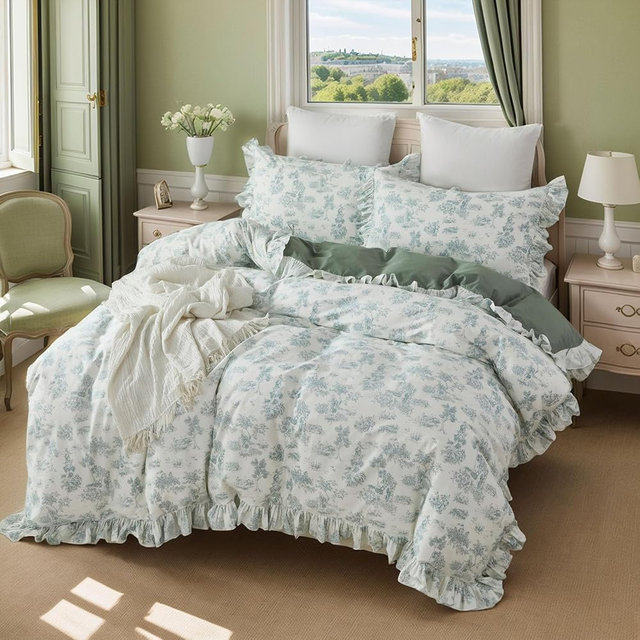 Brandream French Country Garden Toile Floral Printed Duvet Quilt Cover King Size 100% Cotton Bedding Set Vintage Sage Green Toile Tapestry Pattern Blossom Tree Branches Delicate Ruffle Fringe Design