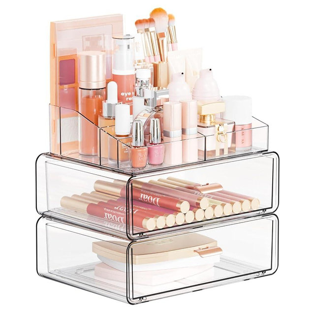 Yieach Clear Acrylic Makeup Organizer Countertop With Drawer,3 Tier Large Skincare Organizer for Vanity,Plastic Bathroom Cosmetic Storage Organizer for Lipstick,Makeup Brush,Palette,Beauty Products