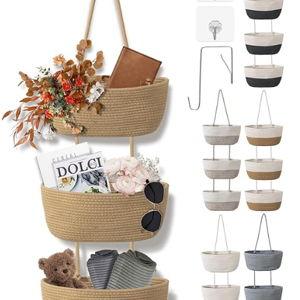 3 Tier Wall Mounted Woven Hanging Basket, Over the Door Hanging Basket with Hooks, Decorative Storage Hanging Closet Removable, Large Wall Basket for Living Room, Bedroom, Kitchen (Brown)