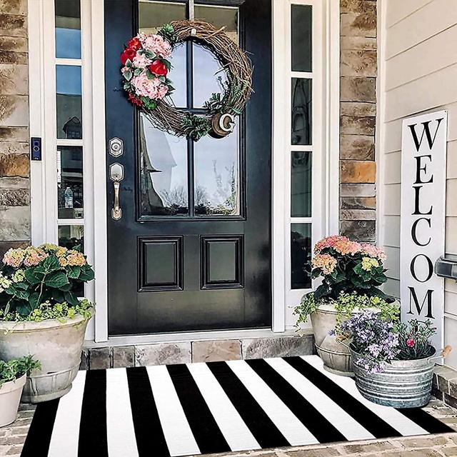 Black and White Striped Rug Outdoor 3'x 5', Cotton Hand-Woven Striped Door Mat, Reversible Foldable Washable Outdoor Rug Stripe for Layered Door Mats Porch/Front Door (35.4''x59'')