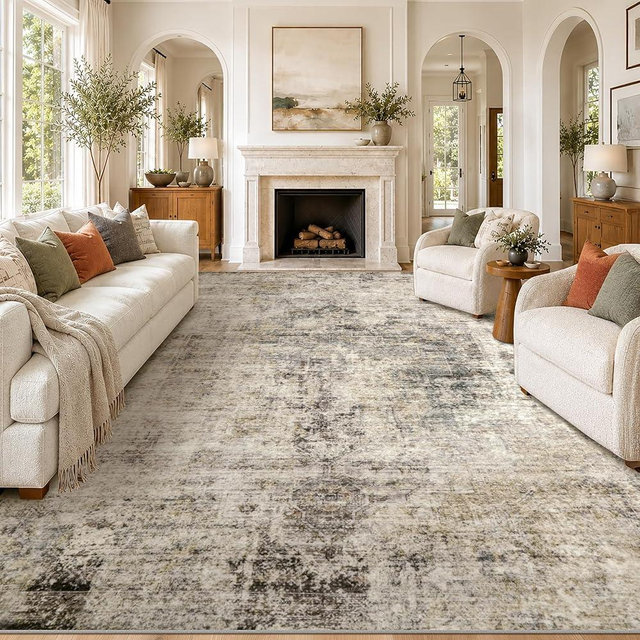 Farmhouse 8x10 Washable Rugs for Living Room, Neutral Abstract Rustic Large Area Rug for Dining Room, Ultra-Soft Foldable Bedroom Carpet, Taupe Brown - Stain Resistant Low Pile Non-Slip