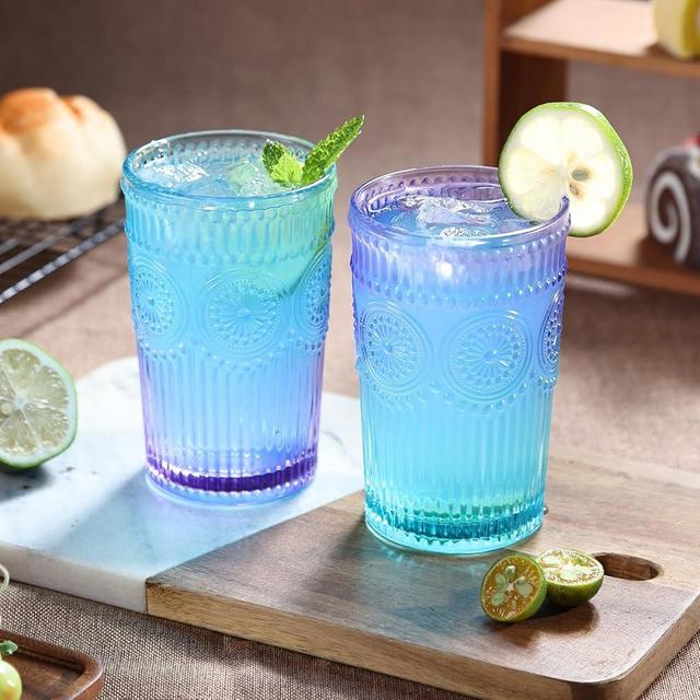 Loivttvv 6pcs Vintage Drinking Glasses Set, 12 oz Glass Cups, Embossed Ribbed Glassware Water Tumblers for Cocktail, Water, Juice, Beer, Coffee, Whiskey