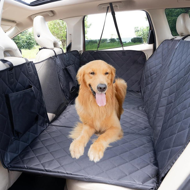 DEQIS Back Seat Extender for Dogs, Hard Bottom Dog Car Seat Cover for Back Seat, Waterproof Nonslip Pet Car Seat Bed with Mesh Window and Storage Pockets, Dog Hammock for Car, SUV, Truck