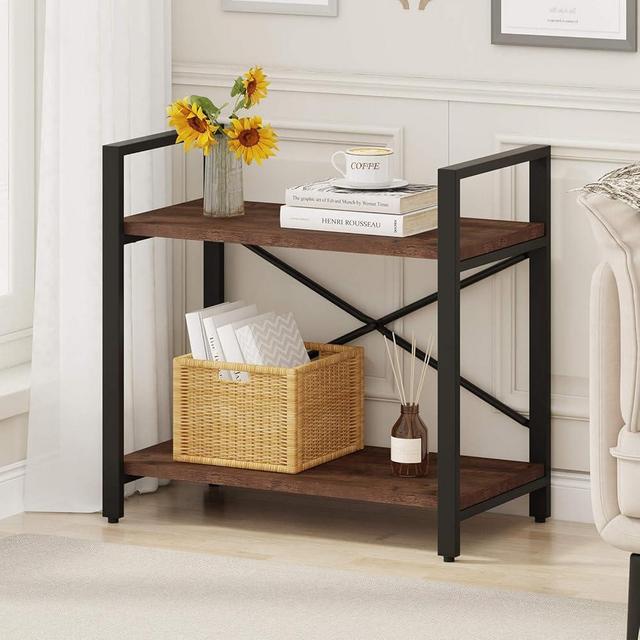 BON AUGURE Small Short Bookshelf, Wood 2 Shelf Etagere Bookcase, Metal Low Tier Book Shelf for Small Spaces Living Room, Bedroom, Office (Rustic Oak)