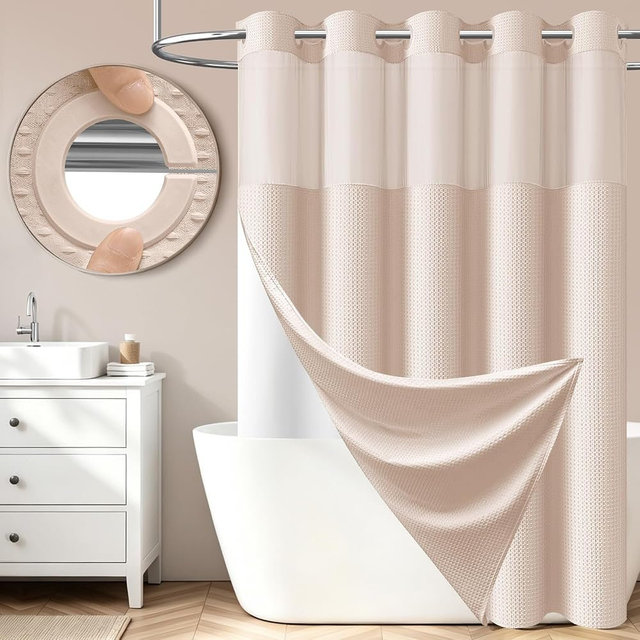 Dynamene Ringless Waffle Weave Shower Curtain Set, Blush Pink, 72"x75" | Snap in Liner, 3 in 1 Set, Mesh Top Window, Magnetic Hem, Washable & Waterproof, Hotel Quality, Shower Curtains for Bathroom