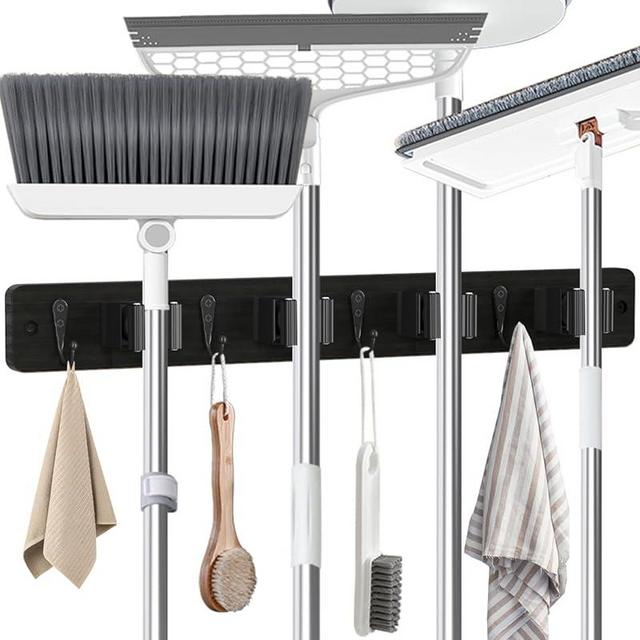 AceMining Broom Holder Wall Mounted, Black 4 Holders and 4 Hooks Mop Holder, Wooden Mop and Broom Holder with Anti slip rubber, Natural pine wood Brush Holder, Mop Wall Holde with Nail installation