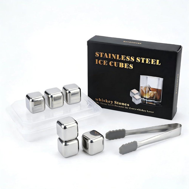 Stainless Steel Whiskey Stones 6 Pack, Reusable Metal Ice Cubes with Non-Slip Tongs & Freezer Tray, Chill Drinks Without Dilution for Whiskey, Bourbon, Scotch, Home Bar Set