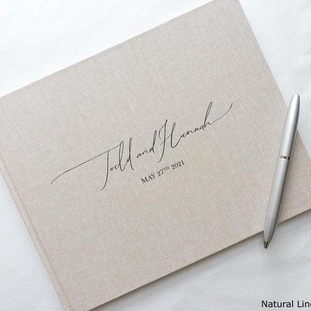 Personalised Wedding Guest Book. Simple elegant text design. 50 plain white pages / 100 sides. 10 book colour options. Wedding keepsake.