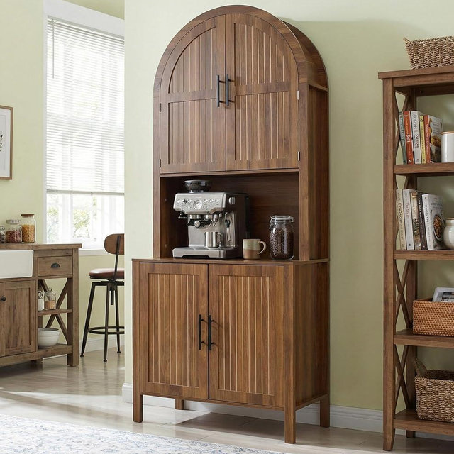 76" Tall Arched Kitchen Pantry, Large Kitchen Storage Cabinet with Fluted Doors and Microwave Stand, Modern Wood Buffet Sideboard, Adjustable Shelves, Cupboard for Dining Room, Living Room, Walnut