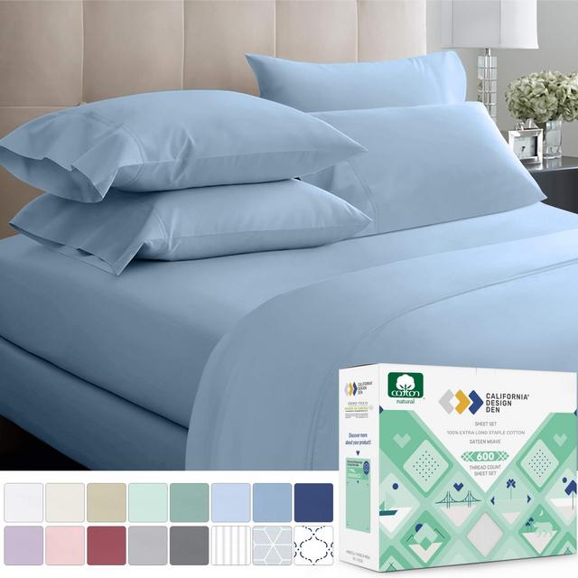 Blue- California Design Den 600 Thread Count Best Bed Sheets 100% Cotton Sheets Set - Extra Long-Staple Cotton Sheet for Bed 4 Piece Set with Deep Pocket (Blue, King Sheet Set)