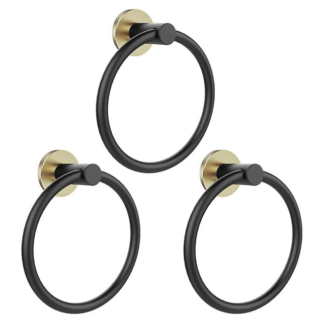 SetSail Towel Holder for Bathroom Wall Screw-in 3 Packs Towel Ring Stainless Steel Heavy Duty Hand Towel Hanger for Bathroom, Black and Gold