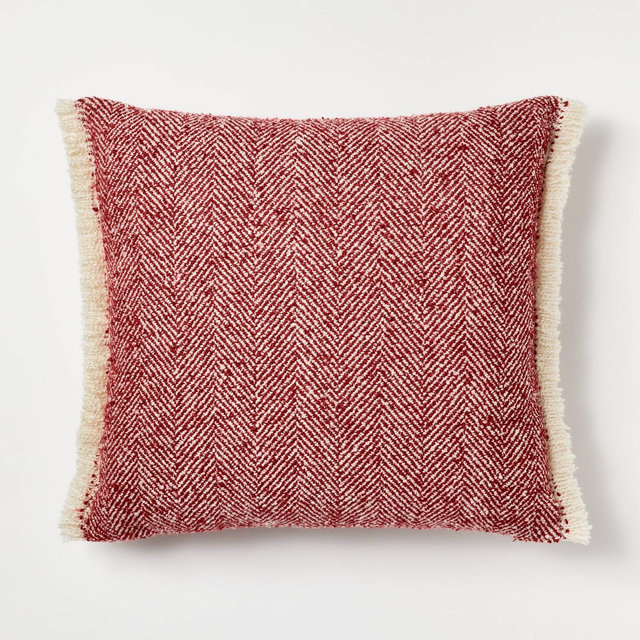 Herringbone with Frayed Edges Square Throw Pillow Red/Cream - Threshold™ designed with Studio McGee: Indoor Acrylic, Zipper Closure