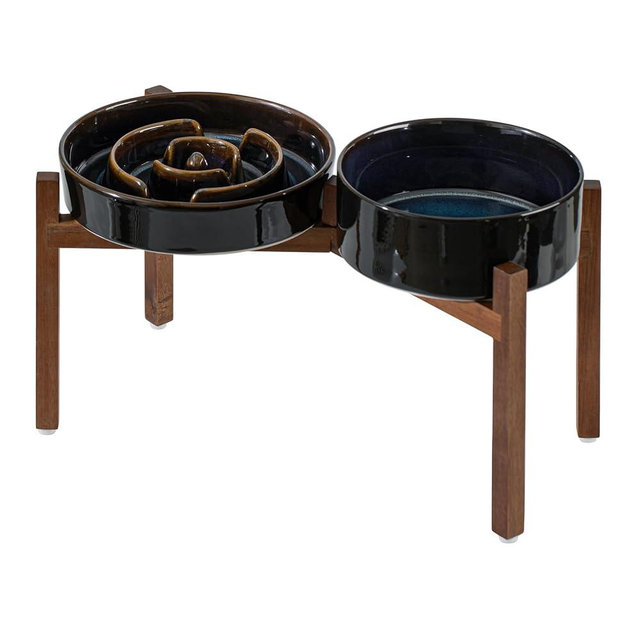 Havniva Ceramic Raised Slow Feeder Dog Bowl Set, Elevated 7.3inch Bowl and 8.2inch Dish with Acacia Wood Stand for Medium and Large Dog(2X Starry Sky+ Stand)