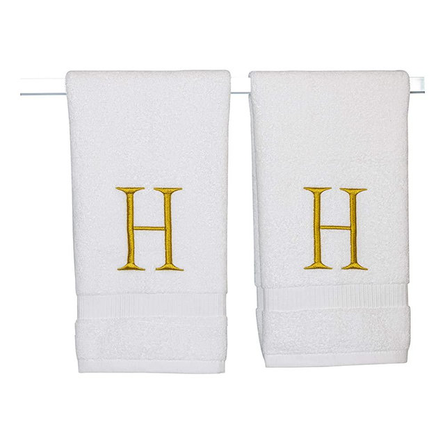 Monogrammed Hand Towels for Bathroom - Luxury Hotel Quality Personalized Initial Decorative Embroidered Bath Towel for Powder Room, Spa - GOTS Organic Certified - Set of 2 Gold Letter H