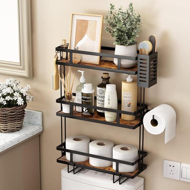 Fokyfok Bathroom Over The Toilet Organizer,Bathroom Organizer Over Toilet,Over Toilet Shelf,Bathroom Shelves Over Toilet,3 Tier Toilet Shelf Organizer,Over The Toilet Storage Shelf,Black,Metal,Wood