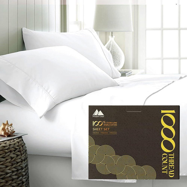 Mayfair Linen 100% Egyptian Cotton King Bed Sheets - 1000 Thread Count 4-Piece King Sheet Set, Sateen Weave Luxury Hotel Sheets, Cooling Bedsheet, 16" Deep Pocket (Fits Upto 18" Mattress) - White