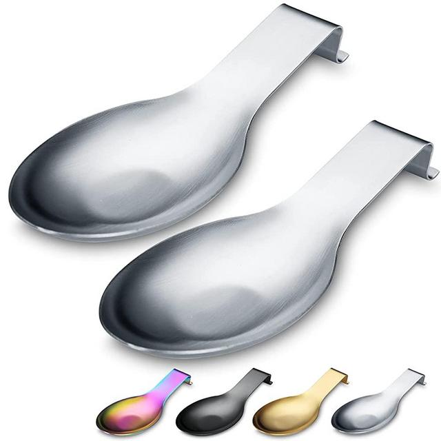 Matte Silver Spoon Rest, Stainless Steel Spoon Holder for Stove Top, kitchen utensils Holder for Ladles, Tongs, Spatula, Stove Spoon Holder, Pot Lid Holder, Dishwasher Safe (2PC-9.5 Inch)