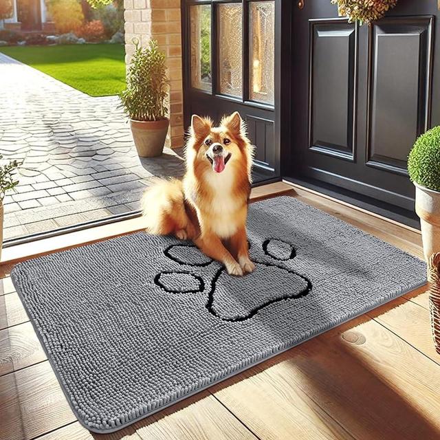 smiry Dog Door Mat for Muddy Paws, Absorbent Dirt Trapper Non-Slip Washable Mat, Quick Dry Chenille, Mud Mat for Dogs, Entry Indoor Door Mat for Inside Floor (36x24 Inches, Grey)
