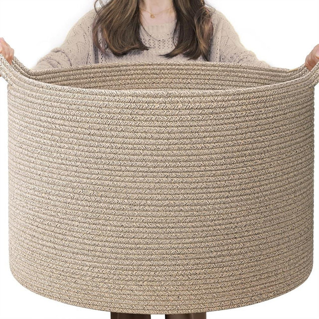 INDRESSME XXXLarge Blanket Woven Basket with Handle Toy Storage Baskets for Organizing Rope Laundry Burr Basket for Living Room Bedroom Nursery Room, 21.7" x 21.7" x 13.8", Brown